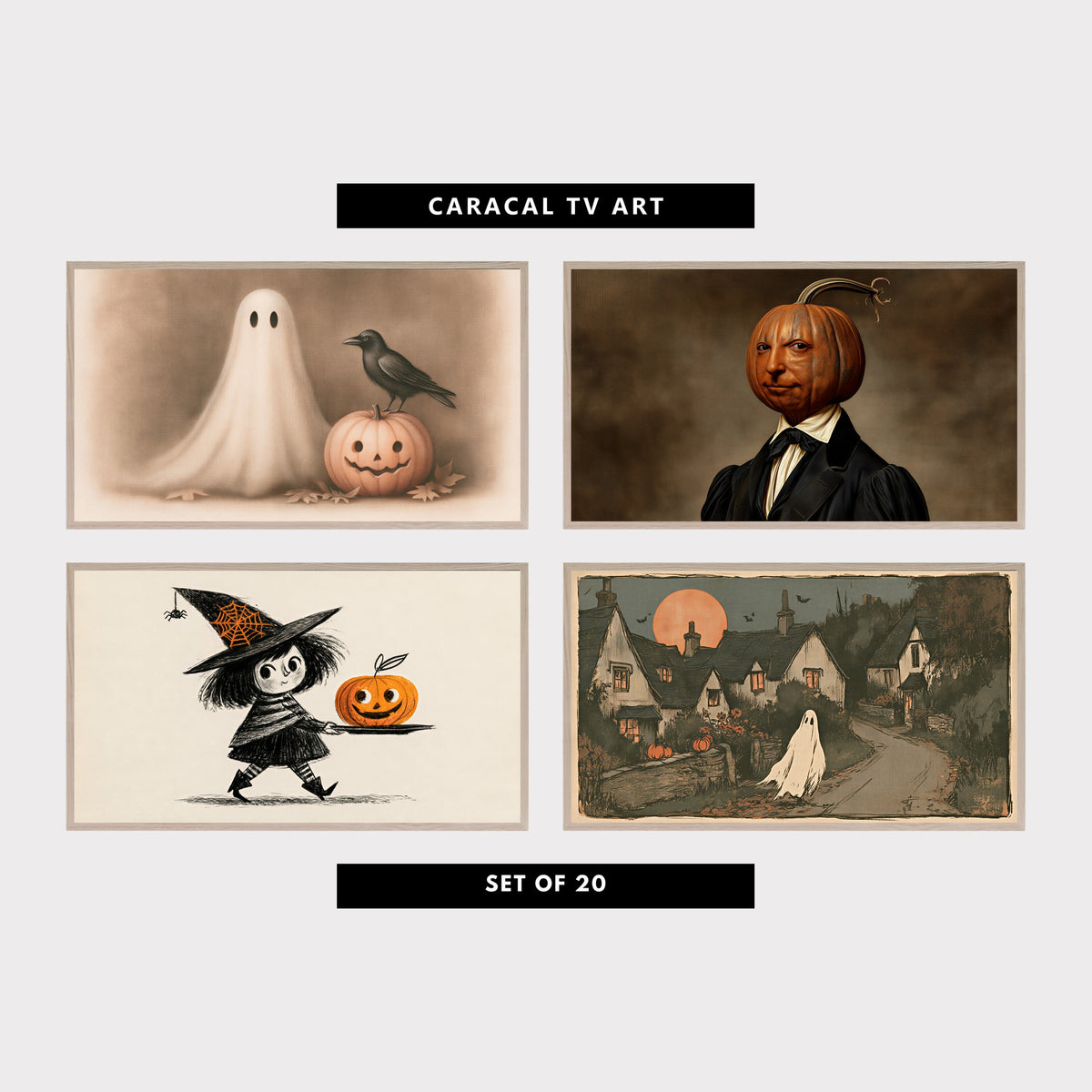 Four Halloween TV artworks: a ghost with a crow, a pumpkin head portrait, a little witch and a ghost village