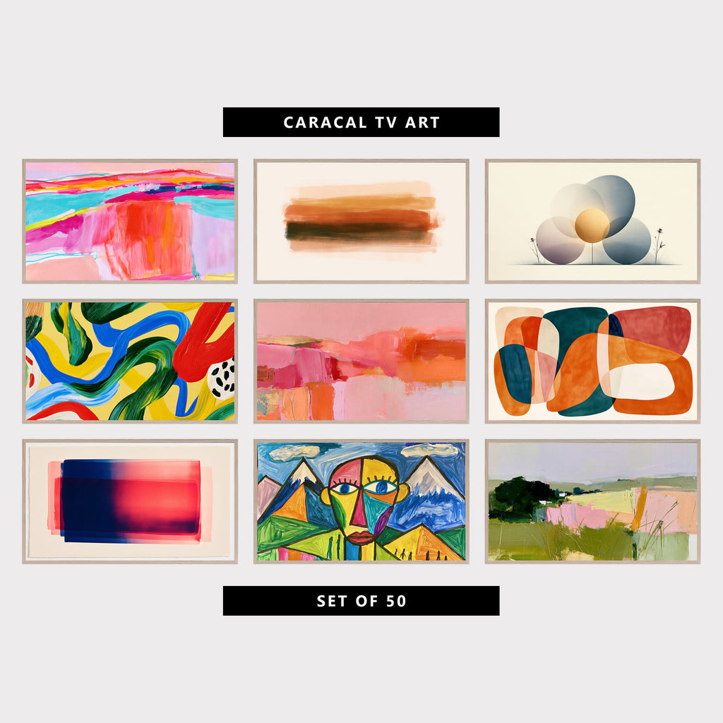 9 abstract TV artworks: modern Abstract Landscape, Bold Brushstrokes, boho Minimalist Brushstrokes, minimalist Circles & Wildflowers, abstract Bold Brushstroke Swirls, modern Boho Color Blocks, Textured Paint, mid Century Organic Shapes, Overlapping Forms, modern Minimalist Color Field, abstract Face & Snowy Mountains, modern Textured Landscape, Countryside Fields
