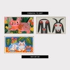 3 folk art TV artworks: colorful Spotted Cat in a Flower Garden, black and White Goat Portraits, colorful Folk Art Striped Cat & Monstera