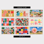 9 colorful TV artworks: colorful Folk Art Pomegranate, Avocado & Apple, crayon Penguin, Dog, Capybara & Pig, lisbon Tram, Palm Trees & Flowers, abstract Painted Checkered Pattern, colorful Painted Roses & Red Berries, colorful Folk Fish, mediterranean Summer Dance & Flowers, modern Polka Dot & Stripe Patchwork, modern Abstract Dahlia & Rolling Hills Collage