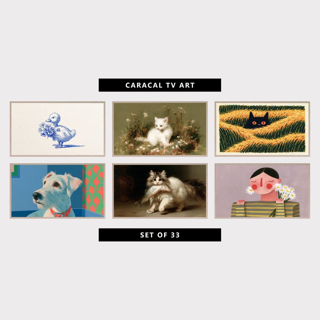6 cute TV artworks: duckling with Flowers, Ink Sketch, vintage Kitten in Wildflowers, cute Cat Hiding in Tall Grass, modern Terrier Portrait, vintage Fluffy Kitten & Big Fish, cute Naive Portrait, Woman with Daisies