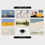 9 minimalist TV artworks: retro Desk Still Life, Radio & Clock, vintage Spaniel Figurines, minimalist Interior, Lamp & Plant, minimalist Cross on a Golden Field, minimalist Misty Lake & Pine Tree, minimalist Torn Paper Color Field, minimalist Cat Catching a Whale, abstract Black and White Eye Drawing, abstract Misty Shoreline, Minimalist Landscape