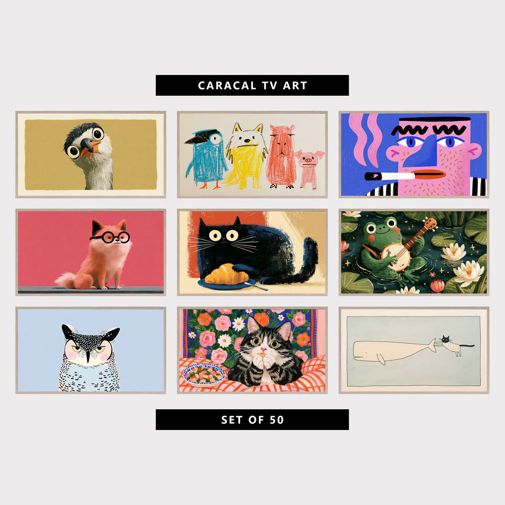 Nine funny TV artworks: heron with big googly eyes, crayon penguin, dog, capybara and pig, pop art face with a cigarette, fluffy dog in round glasses, black cat with a croissant, frog playing the banjo in a pond, grumpy owl, tabby cat with a bowl of pasta, cat on a flying whale, ink line art