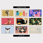 Nine funny TV artworks: heron with big googly eyes, crayon penguin, dog, capybara and pig, pop art face with a cigarette, fluffy dog in round glasses, black cat with a croissant, frog playing the banjo in a pond, grumpy owl, tabby cat with a bowl of pasta, cat on a flying whale, ink line art