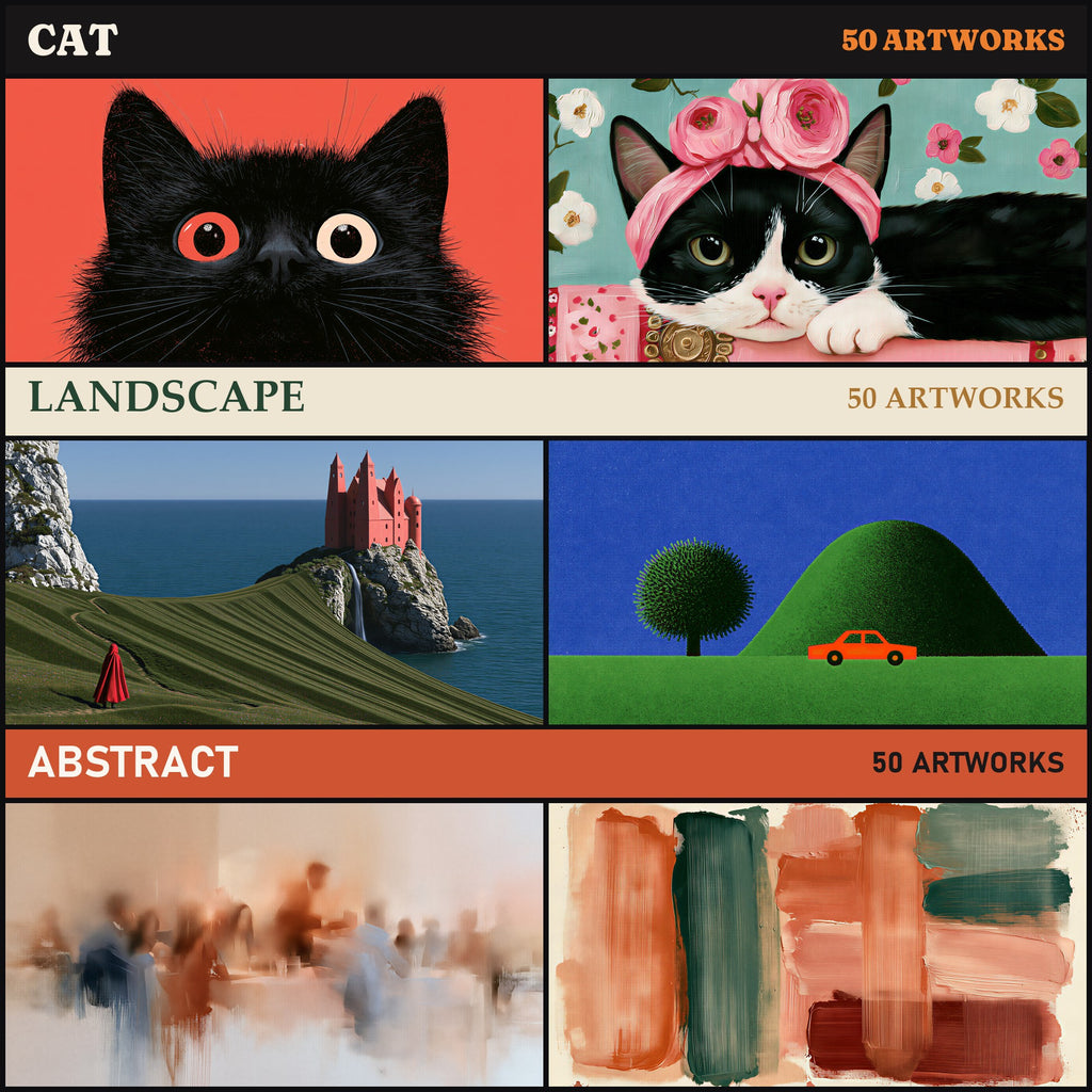 Cat, Landscape and Abstract Frame TV art bundles in the mega bundle: 2 sample artworks from each, with its number of artworks