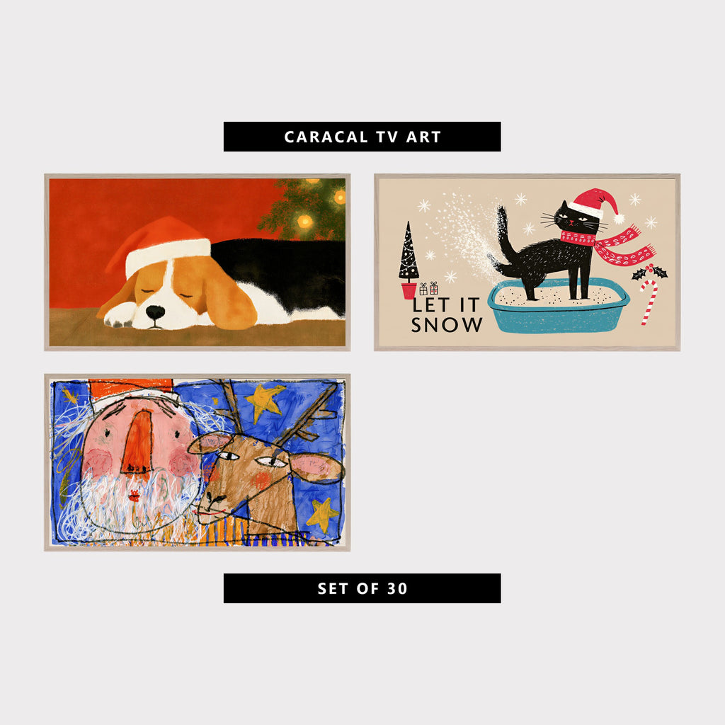 Three modern Christmas TV artworks: sleeping beagle in a Santa hat, "Let It Snow" cat, crayon Santa and reindeer