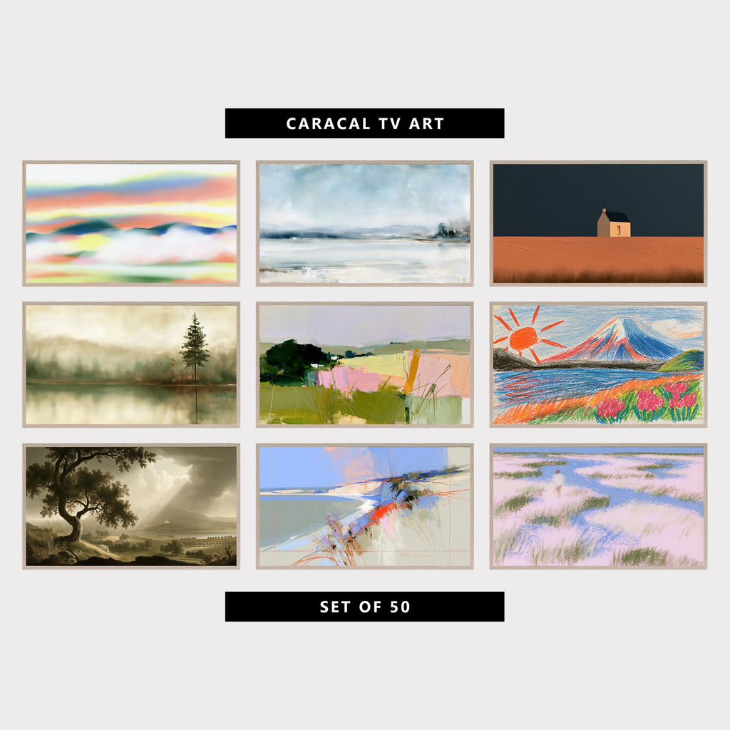 9 landscape TV artworks: modern Misty Hills & Sunset Sky, neutral Minimalist Snowy Landscape, moody Minimalist Lone Cottage, minimalist Misty Lake & Pine Tree, modern Textured Landscape, Countryside Fields, colorful Crayon Mount Fuji, Lake & Sun, vintage Moody Old Tree, Stormy Sky & Lake, abstract Chalk Cliffs, Beach & Dune Grass, impressionist Pastel Marsh & Lone Walker
