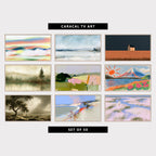 9 landscape TV artworks: modern Misty Hills & Sunset Sky, neutral Minimalist Snowy Landscape, moody Minimalist Lone Cottage, minimalist Misty Lake & Pine Tree, modern Textured Landscape, Countryside Fields, colorful Crayon Mount Fuji, Lake & Sun, vintage Moody Old Tree, Stormy Sky & Lake, abstract Chalk Cliffs, Beach & Dune Grass, impressionist Pastel Marsh & Lone Walker