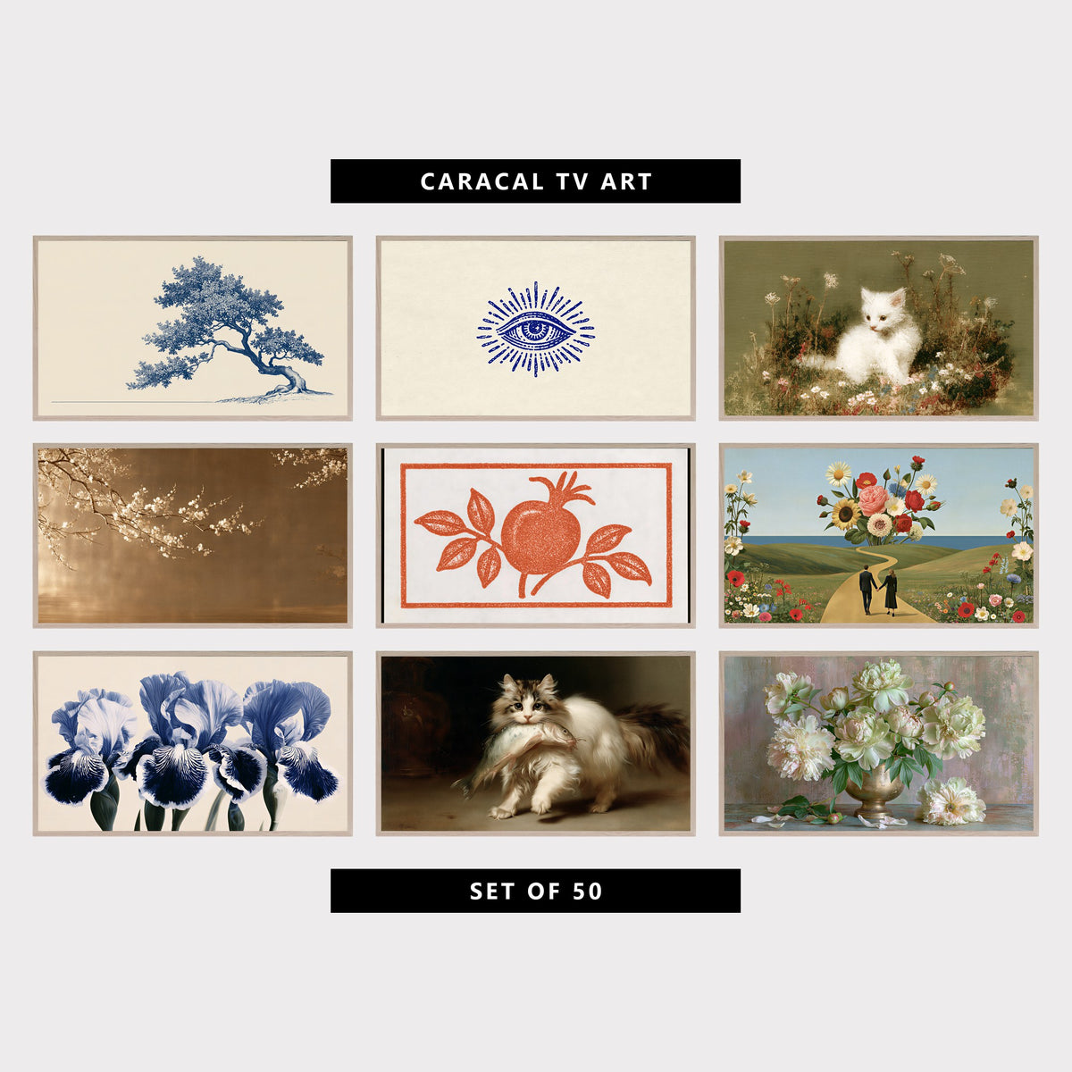 9 vintage TV artworks: vintage Tree Engraving, Minimalist, vintage Mystic Eye & Sun Rays, vintage Kitten in Wildflowers, vintage Japanese Blossom Branches, vintage Pomegranate Linocut, surreal Flower Collage & Seaside Path, vintage Botanical Iris Flowers, vintage Fluffy Kitten & Big Fish, vintage Peony Bouquet Still Life