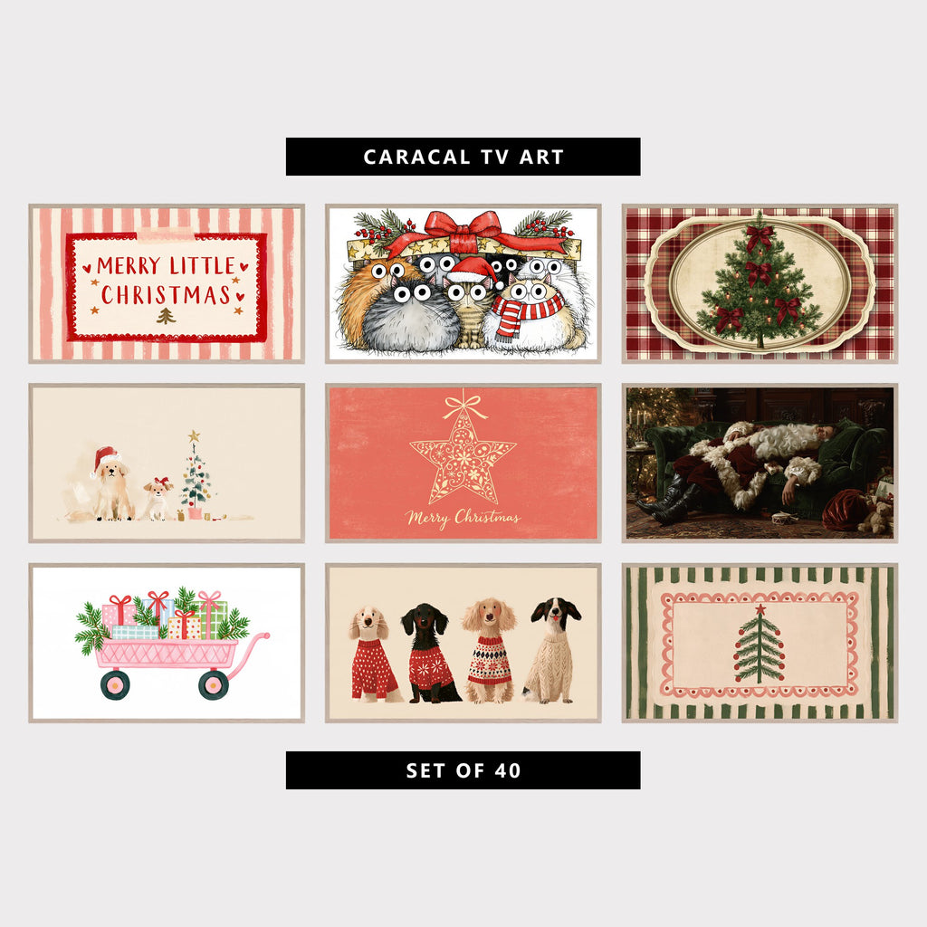 Nine Christmas TV artworks: Merry Little Christmas lettering, fluffy cats in a gift box, a vintage tree on plaid, two dogs by a tree, a star ornament, a sleeping Santa, a pink wagon, dogs in sweaters and a folk tree