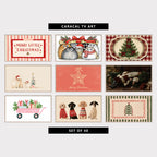 Nine Christmas TV artworks: Merry Little Christmas lettering, fluffy cats in a gift box, a vintage tree on plaid, two dogs by a tree, a star ornament, a sleeping Santa, a pink wagon, dogs in sweaters and a folk tree