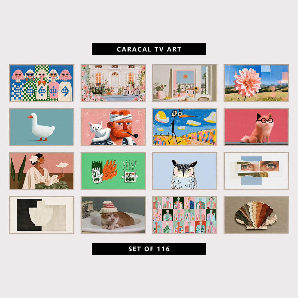 16 modern TV artworks: retro Women in Sunglasses & Checkered Sweaters, cute Rose Garden, Bicycle & Townhouse, greek Still Life, Athens View & Lemons, modern Abstract Dahlia & Rolling Hills Collage, cute White Duck, Minimalist, bearded Man with White Cat & Pipe, colorful Alien Bird & Flower Hills, fluffy Dog in Round Glasses, boho Woman Portrait with White Flower, grumpy Monster Faces, Fire & Devil Horns, funny Grumpy Owl, Mid Century, retro Eye Collage & Gold Leaf, and more