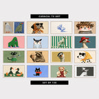 16 animal TV artworks: folk Art Polka Dot Pair, Mid Century, retro Dalmatian in Sunglasses & Headscarf, duckling with Flowers, Ink Sketch, kitten in Leopard Hat, cute Grumpy Gorilla, funny Grumpy Owl, Mid Century, elegant Borzoi & Stripes, modern Duck Portrait in a Hat, mid Century Black Cat with Tea, funny Vintage Beer Mug Engraving, curious Heron with Big Eyes, retro Dalmatian Portrait with Sunglasses, ducks Playing Poker with Beer & Crisps, and more
