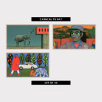 3 retro TV artworks: retro Surreal Elephant & Leaping Man, funny Retro Puppet Portrait & Desert Cactus, surreal Retro Collage, Car, Elephant & Dog