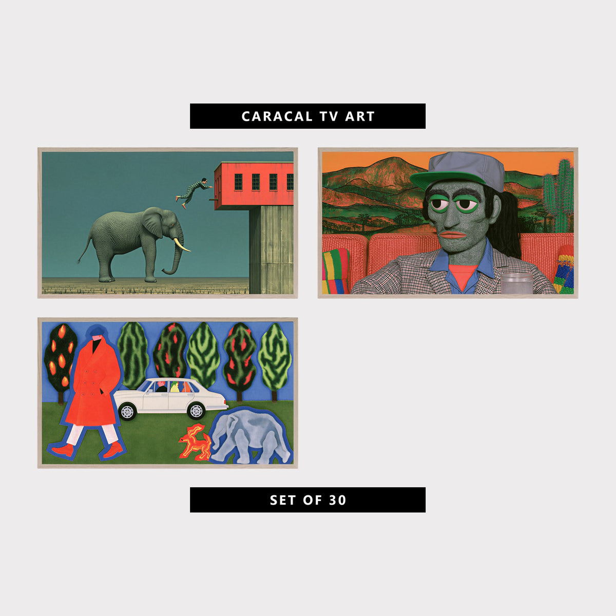 3 retro TV artworks: retro Surreal Elephant & Leaping Man, funny Retro Puppet Portrait & Desert Cactus, surreal Retro Collage, Car, Elephant & Dog