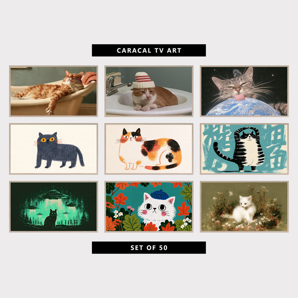 9 cat TV artworks: ginger Cat Relaxing in a Bathtub, ginger Cat with Knit Hat in the Sink, space Cat Licking the Earth, cute British Blue Cat Sketch, minimalist Chubby Calico Cat, yoga Cat in Tree Pose, funny UFO & Aliens, cute Cat & Autumn Leaves, vintage Kitten in Wildflowers
