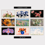 9 floral TV artworks: modern Abstract Wildflowers, vintage Botanical Iris Flowers, moody Abstract Flowers & Ribbed Glass, modern Sunflower & Swirling Sky, colorful Poppy & Lupine Field Landscape, vintage Peony Bouquet Still Life, modern Surreal Flower, Abstract Floral, colorful Modern Tulip Still Life, impressionist Cherry Blossom Tree