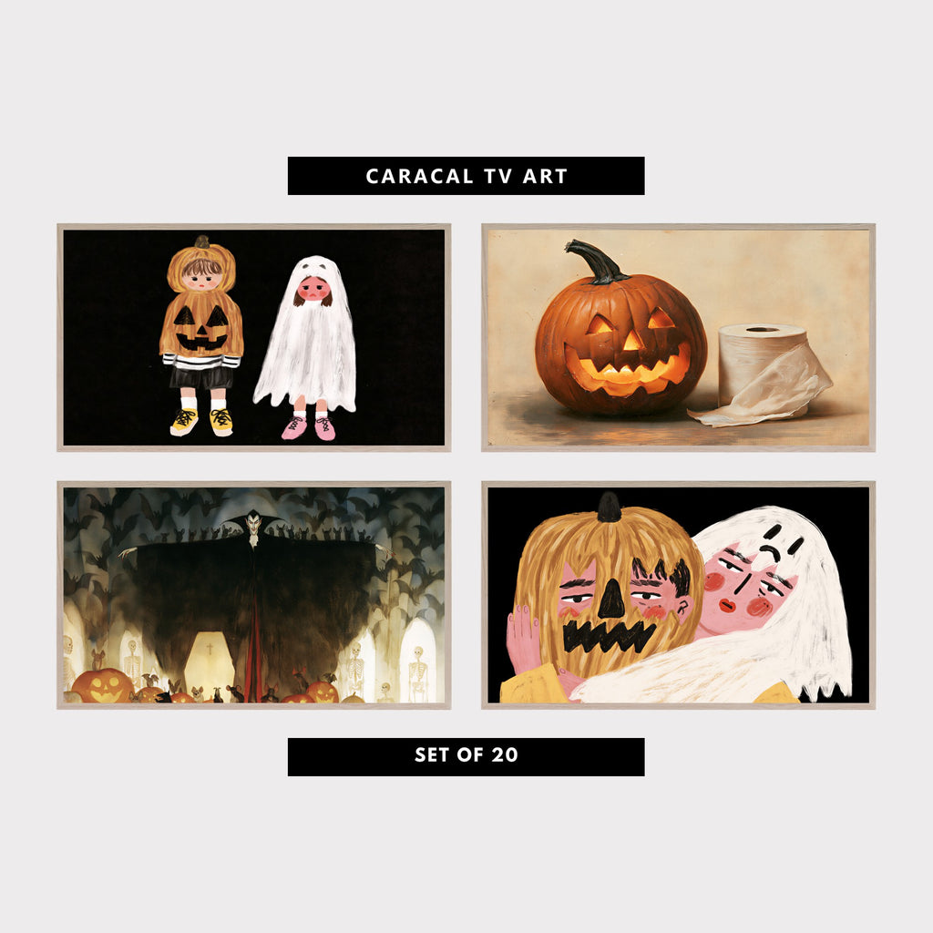 Four Halloween TV artworks: little trick-or-treaters, a jack-o'-lantern, a vampire with bats and a jack-o'-lantern with a ghost friend
