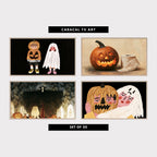Four Halloween TV artworks: little trick-or-treaters, a jack-o'-lantern, a vampire with bats and a jack-o'-lantern with a ghost friend