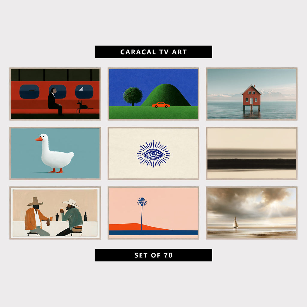 9 minimalist TV artworks: surreal Ferry Cabin, Man & Black Dog, retro Red Car, Tree & Green Hill, modern Nordic Stilt House on Water & Snowy Mountains, cute White Duck, Minimalist, vintage Mystic Eye & Sun Rays, minimalist Black and White Ink Wash Horizon, minimalist Cowboys & Saloon Drinks, minimalist Palm Tree & Dune, neutral Moody Sailboat Seascape & Sun Rays