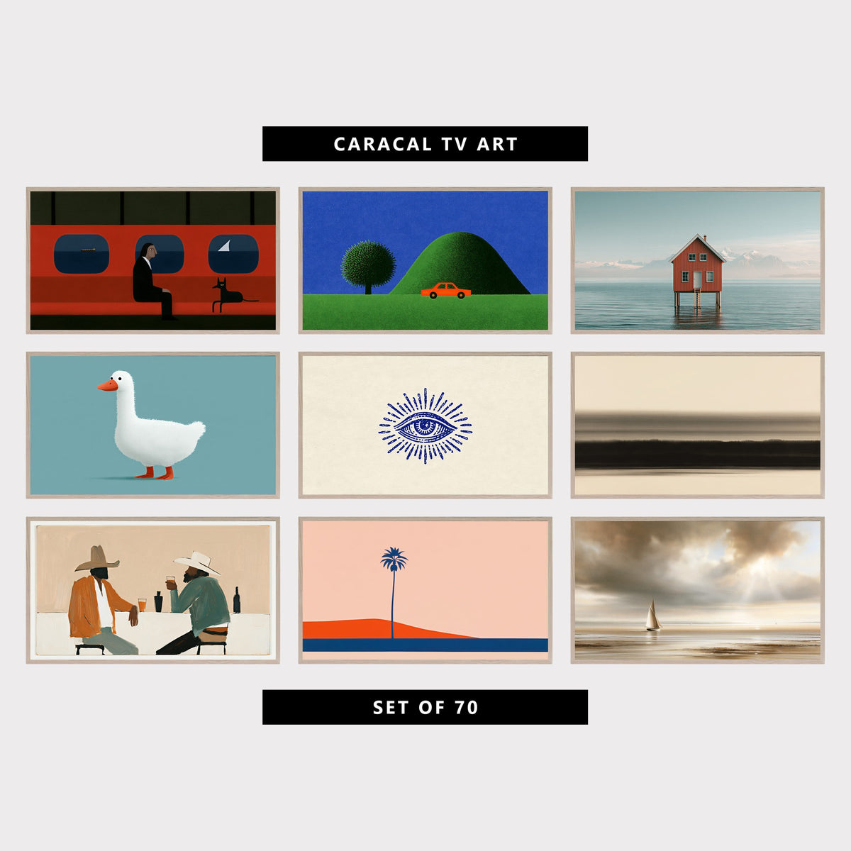 9 minimalist TV artworks: surreal Ferry Cabin, Man & Black Dog, retro Red Car, Tree & Green Hill, modern Nordic Stilt House on Water & Snowy Mountains, cute White Duck, Minimalist, vintage Mystic Eye & Sun Rays, minimalist Black and White Ink Wash Horizon, minimalist Cowboys & Saloon Drinks, minimalist Palm Tree & Dune, neutral Moody Sailboat Seascape & Sun Rays