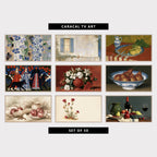 9 vintage TV artworks: vintage Blue Flowers & Stripes, Shabby Chic, vintage Cottage Window & Blue Shutters, vintage Carrots, Pitcher & Blue Plate, colorful Fairy Tale Princesses, Wolves & Roses, vintage White Lilies & Peony in a Vase, vintage Pears in a Porcelain Bowl, vintage Farmhouse Apples, Rolling Pin & Cinnamon, vintage Minimalist Rose Campion Wildflowers, moody Wine, Apples & Cherries