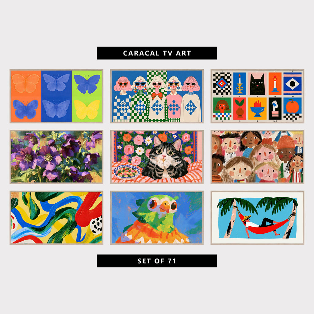 9 colorful TV artworks: modern Pop Art Butterflies, retro Women in Sunglasses & Checkered Sweaters, mid Century Black Cat, Candles & Apple, colorful Impressionist Purple Hellebores, tabby Cat Eating Pasta & Flowers, cute Naive Smiling Faces Crowd, abstract Bold Brushstroke Swirls, funny Parrot in a Sweater, colorful Hammock & Palm Trees, Tropical