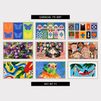 9 colorful TV artworks: modern Pop Art Butterflies, retro Women in Sunglasses & Checkered Sweaters, mid Century Black Cat, Candles & Apple, colorful Impressionist Purple Hellebores, tabby Cat Eating Pasta & Flowers, cute Naive Smiling Faces Crowd, abstract Bold Brushstroke Swirls, funny Parrot in a Sweater, colorful Hammock & Palm Trees, Tropical