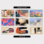 9 abstract TV artworks: abstract Naive Faces & Paint Drips, modern Textured Brushstroke Swirl, abstract Running Figures in Motion, colorful Wavy Organic Shapes, moody Misty Light, Trees & Color Blocks, abstract Chalk Cliffs, Beach & Dune Grass, modern Bold Brushstrokes, Minimalist Boho, modern Organic Shapes, Mid Century Boho, mid Century Modern Shapes & Lines