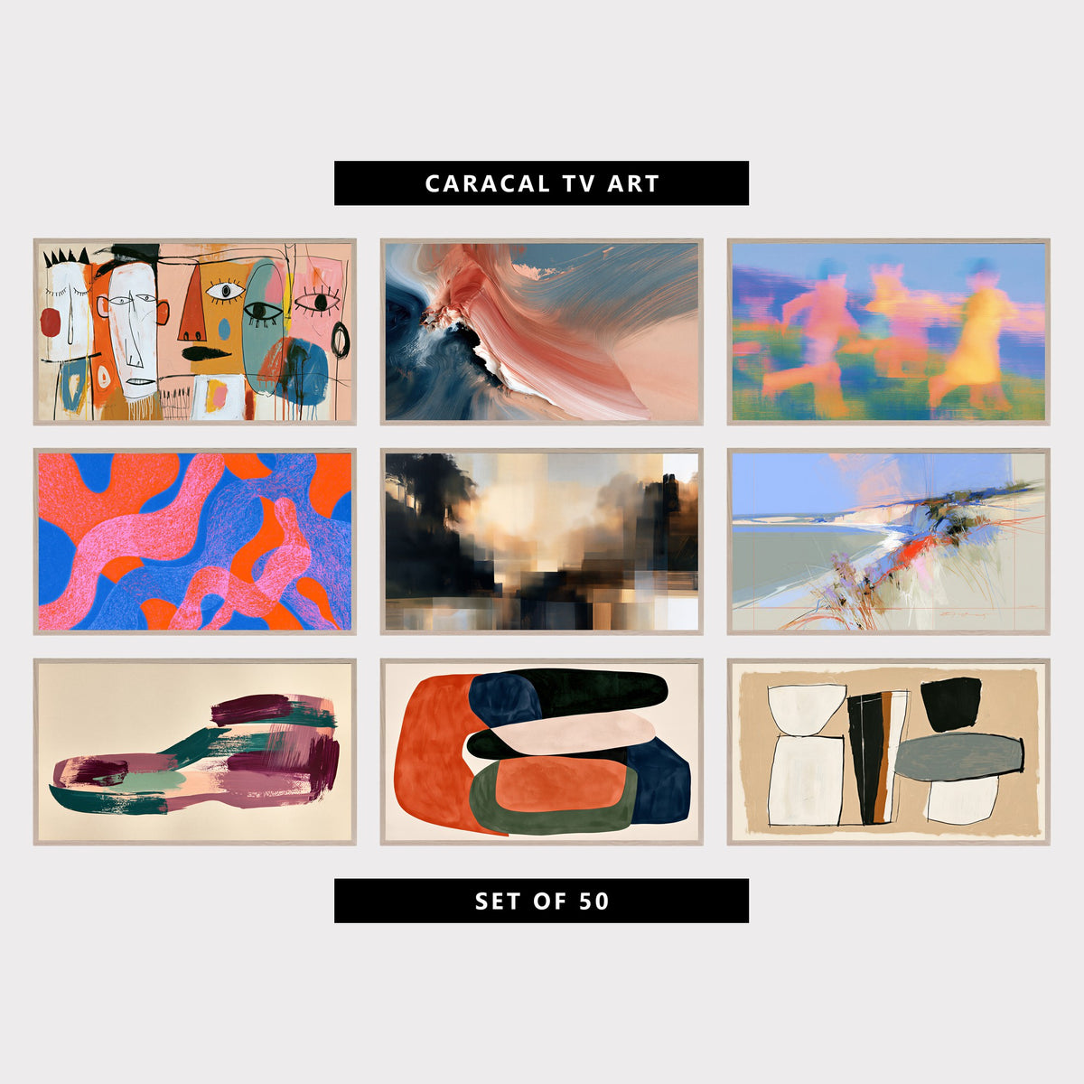 9 abstract TV artworks: abstract Naive Faces & Paint Drips, modern Textured Brushstroke Swirl, abstract Running Figures in Motion, colorful Wavy Organic Shapes, moody Misty Light, Trees & Color Blocks, abstract Chalk Cliffs, Beach & Dune Grass, modern Bold Brushstrokes, Minimalist Boho, modern Organic Shapes, Mid Century Boho, mid Century Modern Shapes & Lines