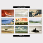 9 landscape TV artworks: modern Sea Cliffs, Crashing Wave & Shore, abstract Misty Shoreline, Minimalist Landscape, moody Mountains, Cliffs & Light Rays, impressionist Low Tide Beach & Cliffs, retro Tree Silhouettes, Sun & Meadow, minimalist Misty Wetland & Reeds, moody Vintage Lone Tree, Golden Field & Hills, vintage Impressionist Prairie, Hills & Clouds, moody Vintage Snowy Pine Trees, Black and White