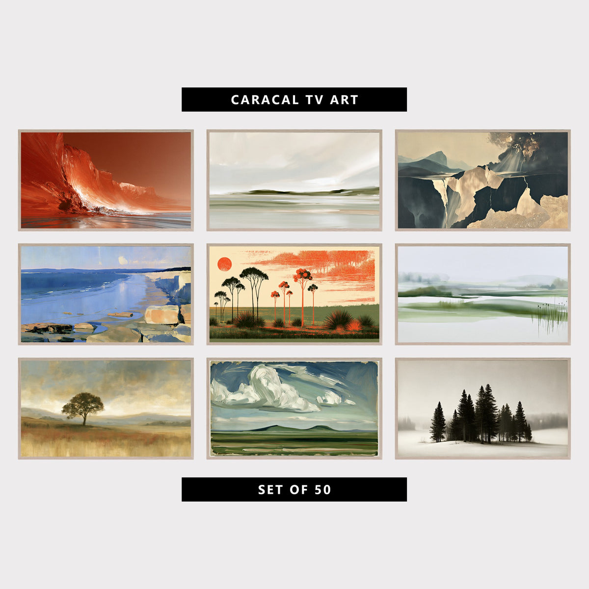 9 landscape TV artworks: modern Sea Cliffs, Crashing Wave & Shore, abstract Misty Shoreline, Minimalist Landscape, moody Mountains, Cliffs & Light Rays, impressionist Low Tide Beach & Cliffs, retro Tree Silhouettes, Sun & Meadow, minimalist Misty Wetland & Reeds, moody Vintage Lone Tree, Golden Field & Hills, vintage Impressionist Prairie, Hills & Clouds, moody Vintage Snowy Pine Trees, Black and White