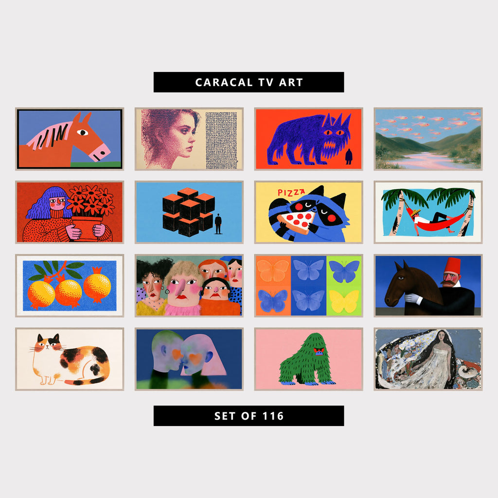16 modern TV artworks: colorful Naive Horse Portrait, retro Stipple Portrait of a Woman, modern Naive Giant Monster & Tiny Figure, surreal Fish in the Sky & River Valley, funky Portrait of a Woman with Flowers, modern Geometric Cubes & Lone Figure, cute Raccoon with Pizza, colorful Hammock & Palm Trees, Tropical, colorful Retro Pomegranates & Leaves, funny Faces, Women Portrait, modern Pop Art Butterflies, modern Portrait, Man in Red Fez & Horse, and more