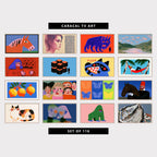 16 modern TV artworks: colorful Naive Horse Portrait, retro Stipple Portrait of a Woman, modern Naive Giant Monster & Tiny Figure, surreal Fish in the Sky & River Valley, funky Portrait of a Woman with Flowers, modern Geometric Cubes & Lone Figure, cute Raccoon with Pizza, colorful Hammock & Palm Trees, Tropical, colorful Retro Pomegranates & Leaves, funny Faces, Women Portrait, modern Pop Art Butterflies, modern Portrait, Man in Red Fez & Horse, and more