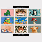 Nine funny TV artworks: grumpy green gorilla, kitten in a leopard print hat, tabby cat doing yoga, parrot in a knit sweater, alien bird out for a walk, white duck in a red hat, dog at breakfast with a croissant, grumpy ginger cat in the daisies, grumpy lamb