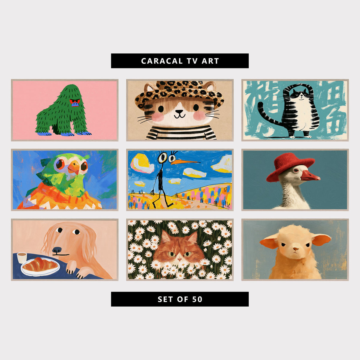 Nine funny TV artworks: grumpy green gorilla, kitten in a leopard print hat, tabby cat doing yoga, parrot in a knit sweater, alien bird out for a walk, white duck in a red hat, dog at breakfast with a croissant, grumpy ginger cat in the daisies, grumpy lamb