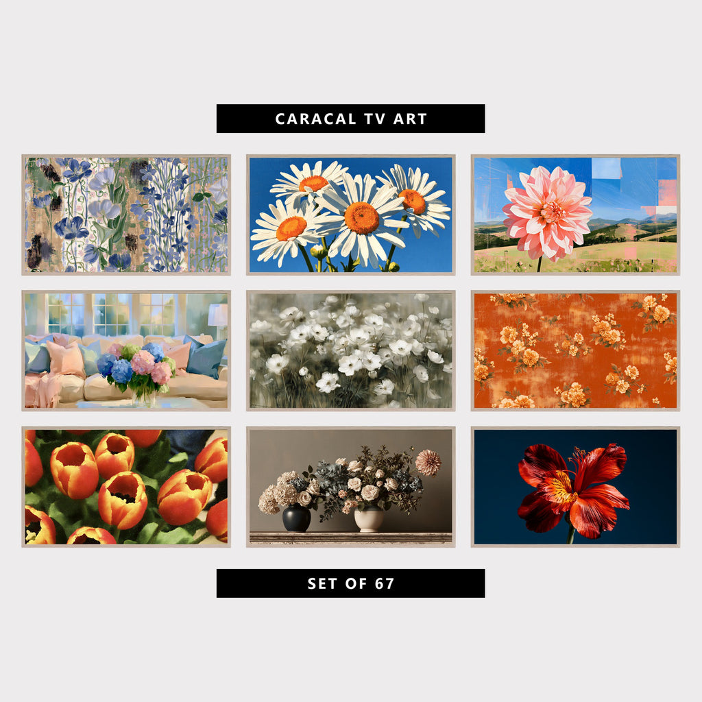 9 floral TV artworks: vintage Blue Flowers & Stripes, Shabby Chic, textured Daisy Flowers, Wildflowers, modern Abstract Dahlia & Rolling Hills Collage, impressionist Pastel Hydrangea Bouquet, vintage Impressionist White Anemones, beaded Embroidery Style Flowers, impressionist Tulips Close Up, vintage Still Life Roses, Hydrangeas & Dahlia, moody Lily Flower Close Up
