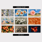 9 floral TV artworks: vintage Blue Flowers & Stripes, Shabby Chic, textured Daisy Flowers, Wildflowers, modern Abstract Dahlia & Rolling Hills Collage, impressionist Pastel Hydrangea Bouquet, vintage Impressionist White Anemones, beaded Embroidery Style Flowers, impressionist Tulips Close Up, vintage Still Life Roses, Hydrangeas & Dahlia, moody Lily Flower Close Up