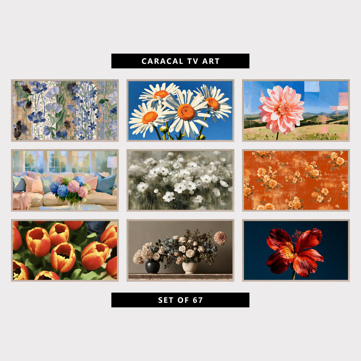 9 floral TV artworks: vintage Blue Flowers & Stripes, Shabby Chic, textured Daisy Flowers, Wildflowers, modern Abstract Dahlia & Rolling Hills Collage, impressionist Pastel Hydrangea Bouquet, vintage Impressionist White Anemones, beaded Embroidery Style Flowers, impressionist Tulips Close Up, vintage Still Life Roses, Hydrangeas & Dahlia, moody Lily Flower Close Up