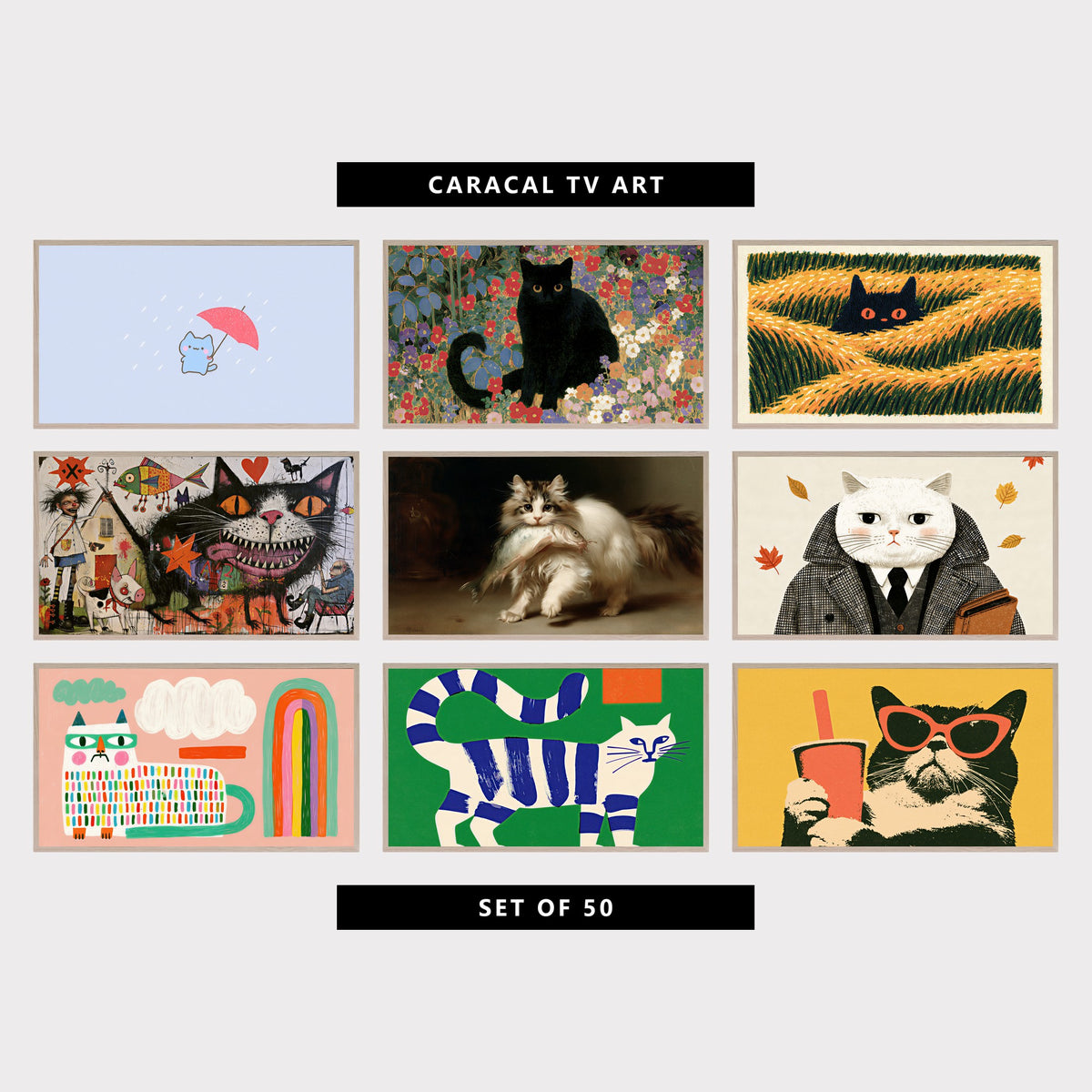 9 cat TV artworks: cute Kitten, Umbrella & Rain, colorful Flower Garden & Wildflowers, cute Cat Hiding in Tall Grass, grinning Black Cat, Pig & Fish, vintage Fluffy Kitten & Big Fish, vintage Gentleman Cat in Tweed Coat & Autumn Leaves, colorful Rainbow Cat with Glasses & Cloud, colorful Modern Striped Cat, Long Loop Tail, retro Cat in Sunglasses with Bubble Tea