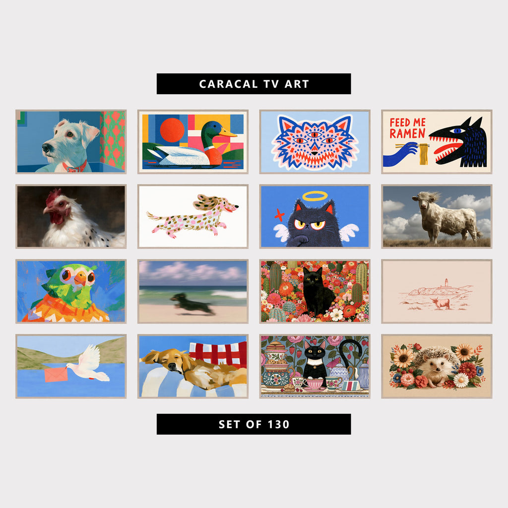 16 animal TV artworks: modern Terrier Portrait, colorful Geometric Mallard, Mid Century, three-Eyed Wolf Face, funny Feed Me Ramen Monster & Noodles, vintage Farmhouse Hen Portrait, cute Running Dachshund, Wiener Dog, cute Angel Kitten with Halo, funny Windswept Farm Cow, funny Parrot in a Sweater, dachshund Running on the Beach, colorful Flowers & Cactus Garden, minimalist Highland Cow & Lighthouse, Scotland, modern Dove with a Letter, Lake & Hills, and more