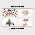 Four Christmas TV artworks: a snowman among pine trees, gingerbread cookies, a scribble tree and a stocking with seashells and flowers
