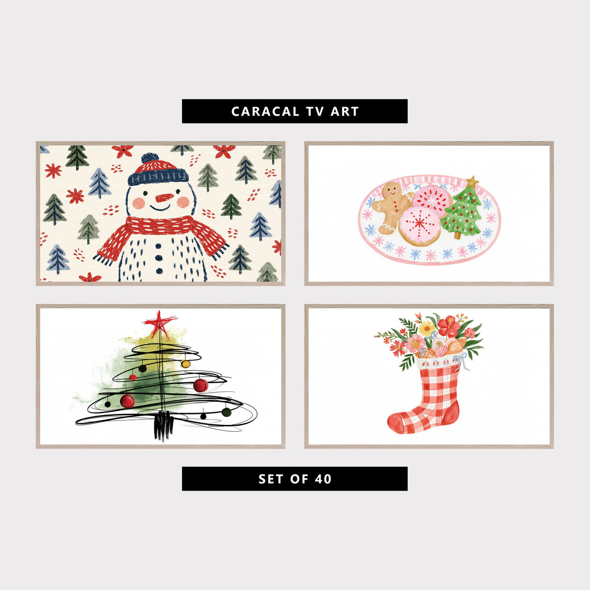Four Christmas TV artworks: a snowman among pine trees, gingerbread cookies, a scribble tree and a stocking with seashells and flowers