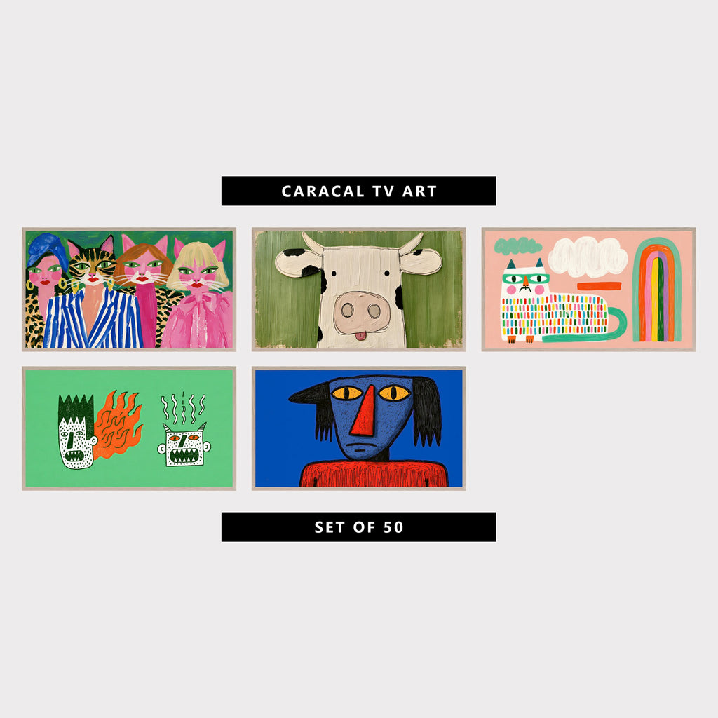 Five funny TV artworks: four ladies with cat faces, cow sticking out its tongue, rainbow cat in glasses, hot-headed monster faces, glum blue face portrait