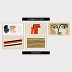 5 abstract TV artworks: minimalist Paint Strokes, Textured Swatches, mid Century Face Portrait, Bold Brushstrokes, modern Line Art Face, minimalist Retro Stripes, modern Linocut Seed Pattern