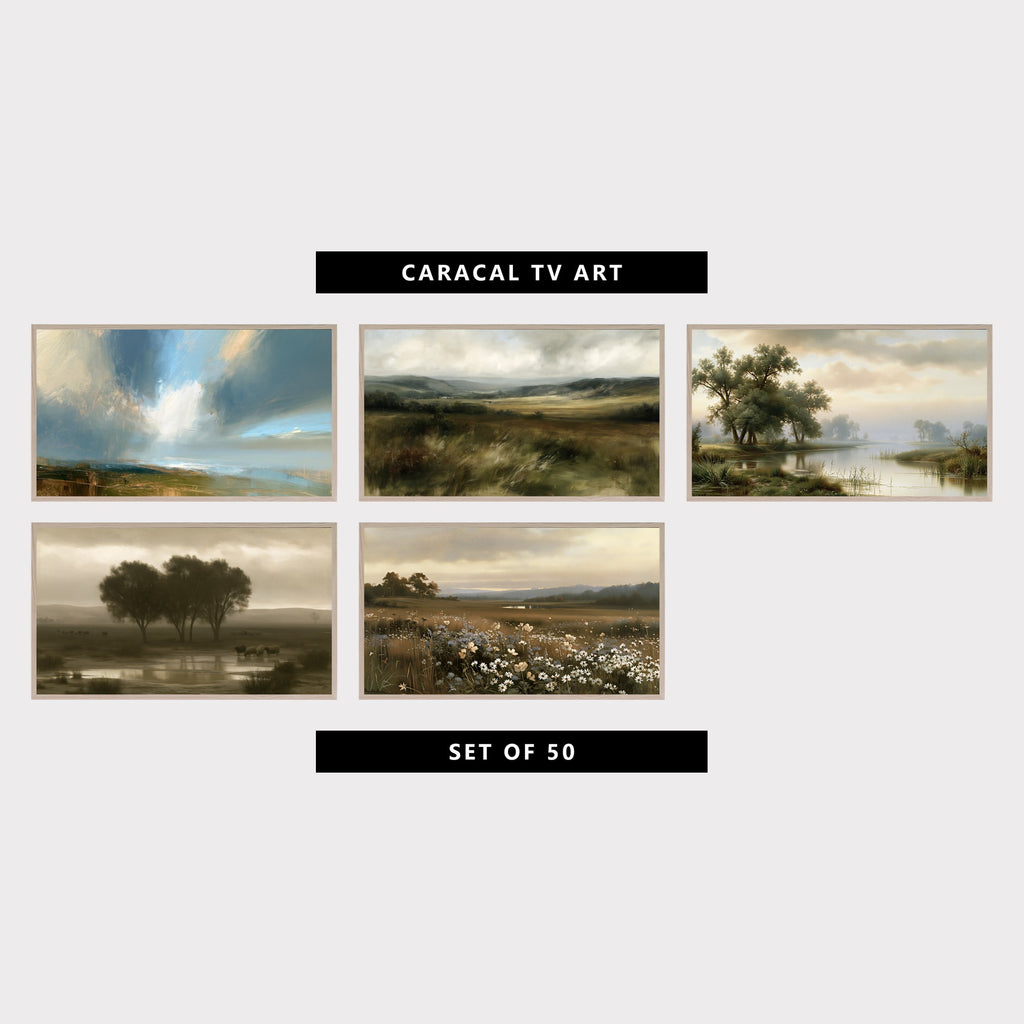 5 landscape TV artworks: moody Blue Stormy Sky, Impressionist Landscape, moody Vintage Countryside, Windswept Moor & Hills, vintage Moody Misty River & Trees, vintage Moody Pasture, Trees & Sheep, vintage Moody Daisy Meadow & Wildflowers