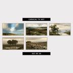 5 landscape TV artworks: moody Blue Stormy Sky, Impressionist Landscape, moody Vintage Countryside, Windswept Moor & Hills, vintage Moody Misty River & Trees, vintage Moody Pasture, Trees & Sheep, vintage Moody Daisy Meadow & Wildflowers