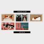 5 cat TV artworks: modern Side Eye Calico Cat Face, modern Naive Black Cat & Tuxedo Cat, minimalist Calico Cat, impressionist Tuxedo Cat & Pink Florals, retro White Cat by the Sea, Pink Wall & Mediterranean Village