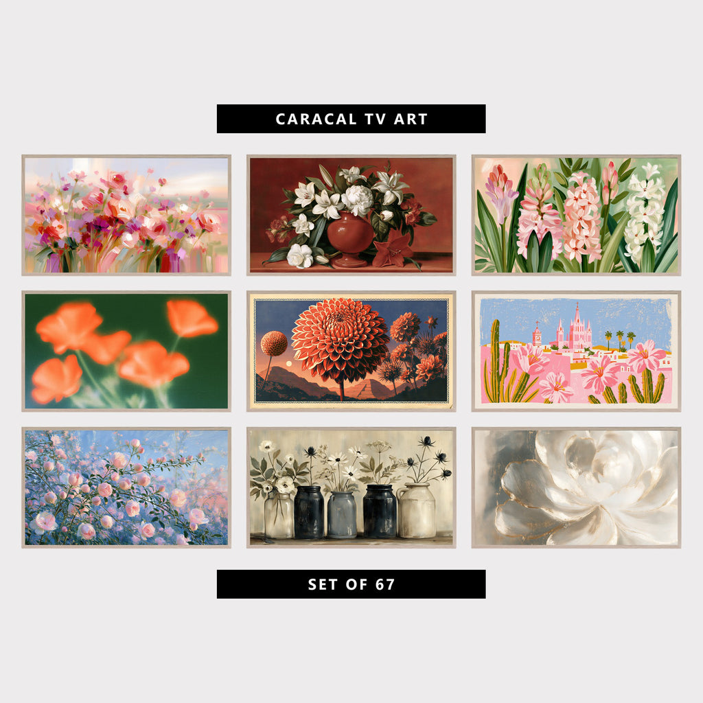 9 floral TV artworks: impressionist Spring Wildflower Meadow, vintage White Lilies & Peony in a Vase, modern Floral Hyacinths in Bloom, moody Blurred Poppy Flowers, retro Dahlias, Ancient Pyramids & Moon, colorful Pink Church, Cactus & Flowers, impressionist Pink Blooms & Flower Buds, vintage Farmhouse Flowers in Jars, Daisies & Thistles, modern Peony Flower Close-Up