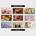 9 floral TV artworks: impressionist Spring Wildflower Meadow, vintage White Lilies & Peony in a Vase, modern Floral Hyacinths in Bloom, moody Blurred Poppy Flowers, retro Dahlias, Ancient Pyramids & Moon, colorful Pink Church, Cactus & Flowers, impressionist Pink Blooms & Flower Buds, vintage Farmhouse Flowers in Jars, Daisies & Thistles, modern Peony Flower Close-Up